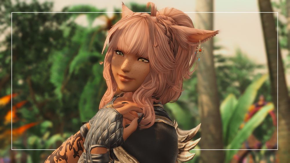 portrait of my miqo’te wol, d’alia, gazing to the side with her hands poised to the ends of her hair