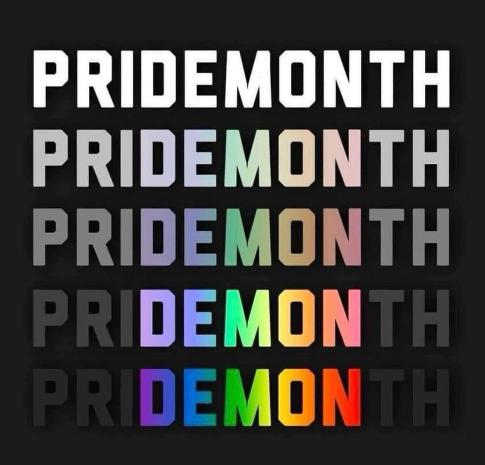 Repeated instance of the words PRIDE MONTH where the letters in the middle become progressively more prominent down the page until it just says DEMON in rainbow colours