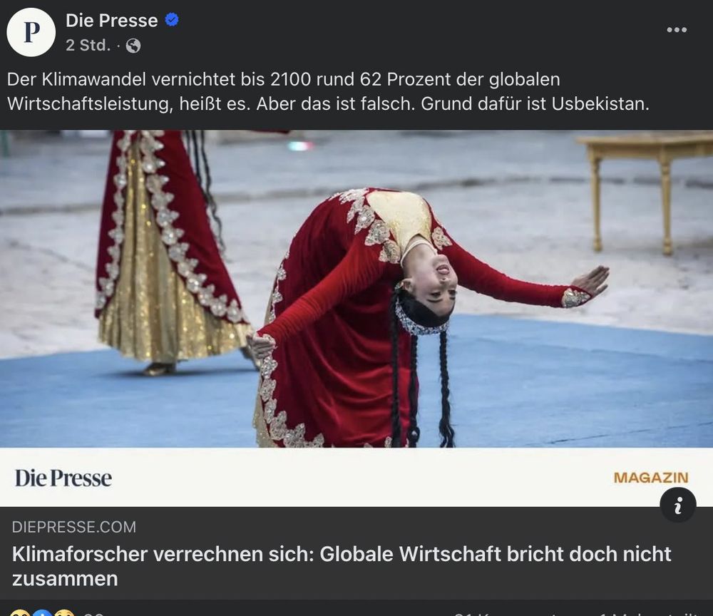 Der Klimawandel vernichtet bis 2100 rund 62 Prozent der globalen Wirtschaftsleistung, heißt es. Aber das ist falsch. Grund dafür ist Usbekistan:
Klimaforscher verrechnen sich: Globale Wirtschaft bricht doch nicht zusammen