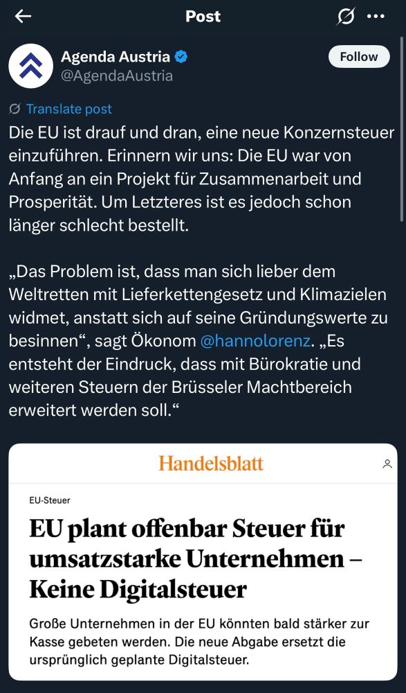 Tweet Agenda Austria: Die EU ist drauf und dran, eine neue Konzernsteuer einzuführen. Erinnern wir uns: Die EU war von Anfang an ein Projekt für Zusammenarbeit und Prosperität. Um Letzteres ist es jedoch schon länger schlecht bestellt.
„Das Problem ist, dass man sich lieber dem Weltretten mit Lieferkettengesetz und Klimazielen widmet, anstatt sich auf seine Gründungswerte zu besinnen" , sagt Ökonom @hannolorenz. „Es entsteht der Eindruck, dass mit Bürokratie und weiteren Steuern der Brüsseler Machtbereich erweitert werden soll."