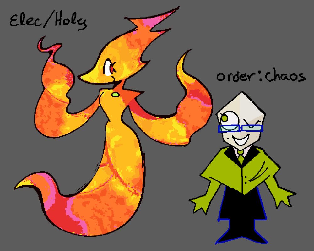 Miss Sizzle, my darknersona, Her type is elec/holy.
The Other green Pippins, my girlfriend's darknersona. Her type is order:chaos.