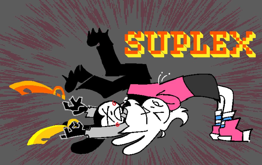 Lalin suplexing Selvig, who drops their signature Twin Cutlasses. 
