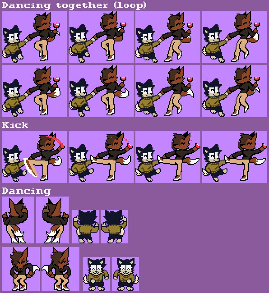 The spritesheet of the video above. Featuring Stan's black and white small dog fursona and my Maned wolf lady. 