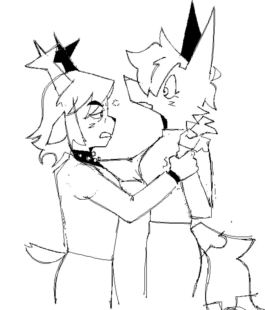 A sketch on mspaint, of Carol Holiday pinning fursona to the wall. They are both flustered, Carol has an annoyed expression and is firmly grabbing my wrist. I'm flustered and surprised. Wow Is It Hot In Here Or Is It Just me?
