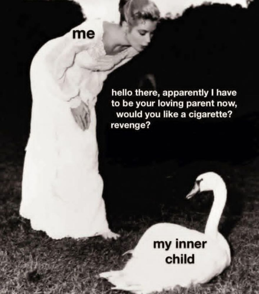 picture of a lady in a white gown hunched over talking to a goose with the words: 
me
hello there, apparently I have to be your loving parent now, would you like a cigarette? revenge?
my inner child 