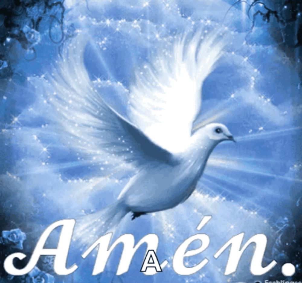 a white dove is flying in the sky with the word amen written below it