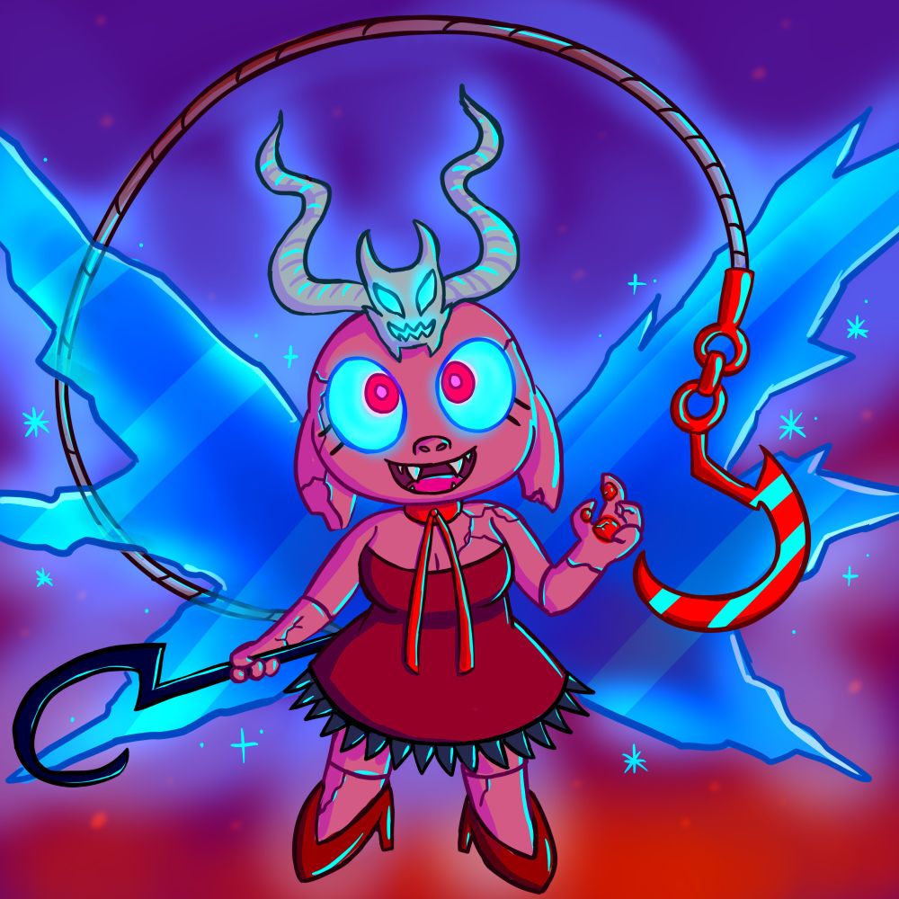 Effigy is a fairy-cyber who looks like she's made of cracked stone or porcelain. She has glowing cyan-and-red eyes, and a toothy grin. She's wearing a red dress and high heels, and there's a long, bright red ribbon cinched around her neck. There's has a crown-like emblem on her head, shaped like a skull with big wavy horns. She has jagged wings of ice, and a long tail that's like a cable with a wickedly curved bladed hook on the end. In her right hand, she's holding a long-handled sickle weapon.
