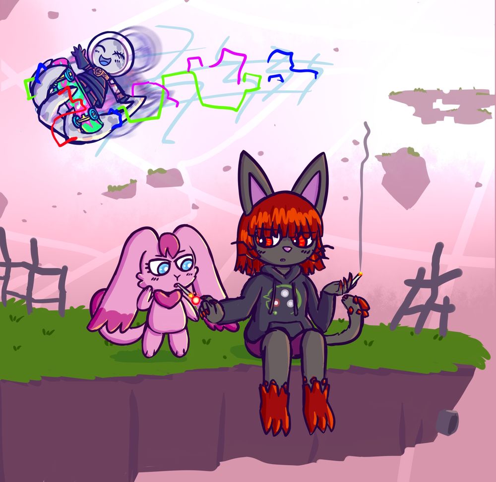 Diddgery's OC Vixie, a pink rabbit-like mascot creature, is visiting the Riftlands over planet Seht. She's met Asteria, and the two of them are smoking catnip together. Asteria's using her atomic magic to light Vixie's joint for her. Meanwhile Aeon is zipping blurrily through the air in the background, riding on a skateboard with glitched momentum. Their corrupted left hand is grasping the board while a crackling trail of energy zooms behind them.