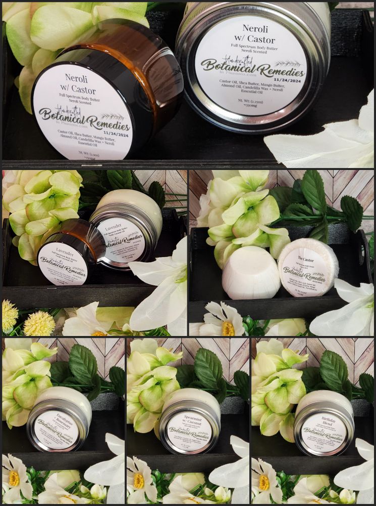 A collage showcasing various body
butters and salves in different
containers. Each on a decorative tray
surrounded by flowers.