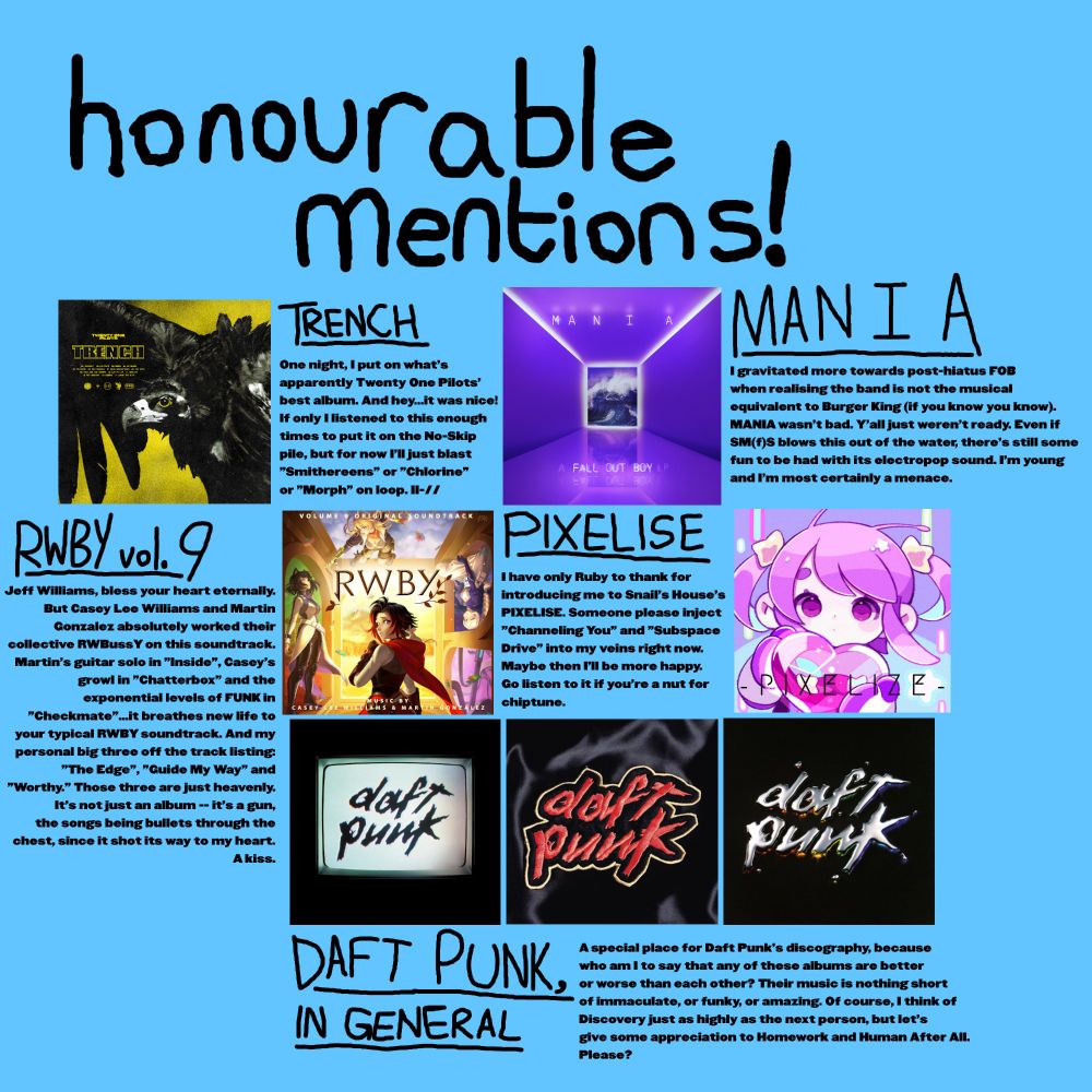 Page 4 is my honourable mentions page. This calls out albums that I unfortunately mightn't have put on the No-Skip pile but still enjoy regardless!