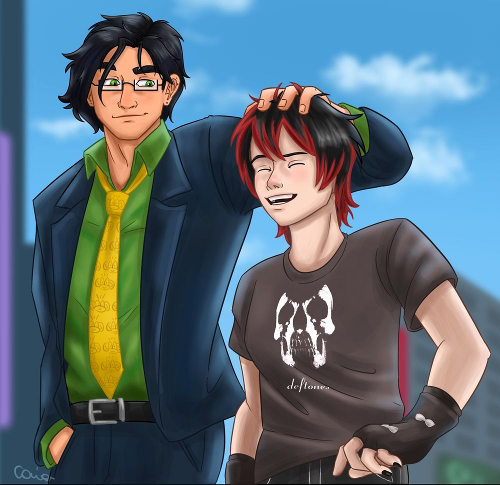 Aeneas (my OC) gives Trini's sona a friendly head rub while they're walking around town.