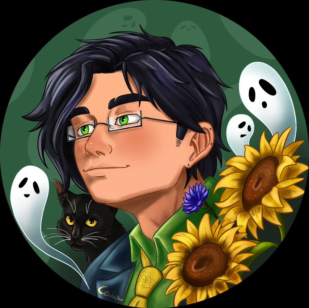 Aeneas looking off into the distance while his cat peeks over his shoulder, surrounded by ghosts and sunflowers