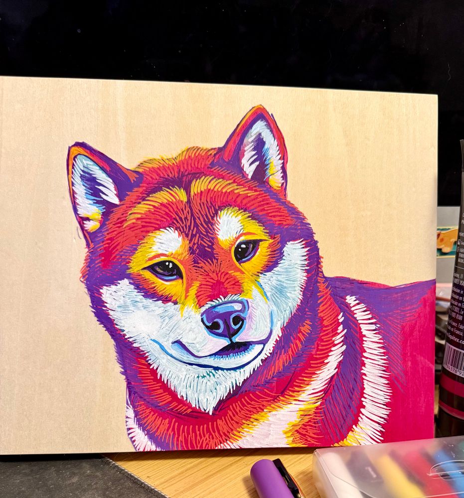 Unfinished Shiba Inu painting on wood canvas
