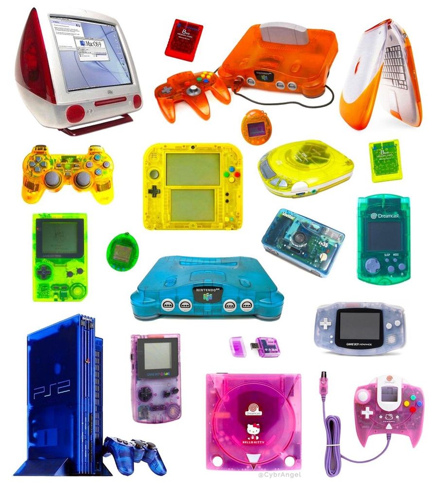 A variety of electronics from the late 90s to early 00s with translucent colored plastic cases