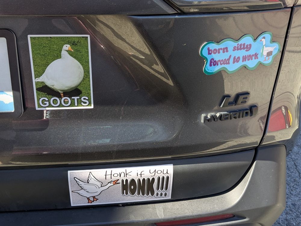 Stickers that read "honk if you HONK!!" and "born silly, forced to work", and a picture of a big round goose that says "GOOTS"