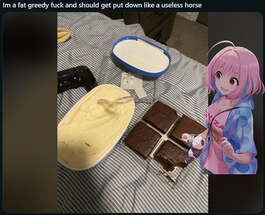 Riamu Yumemi overlaid an image captioned "Im a fat greedy fuck and should get put down like a useless horse" with four oversized brownies, a Playstation controller, and a large container of ice cream on a bed