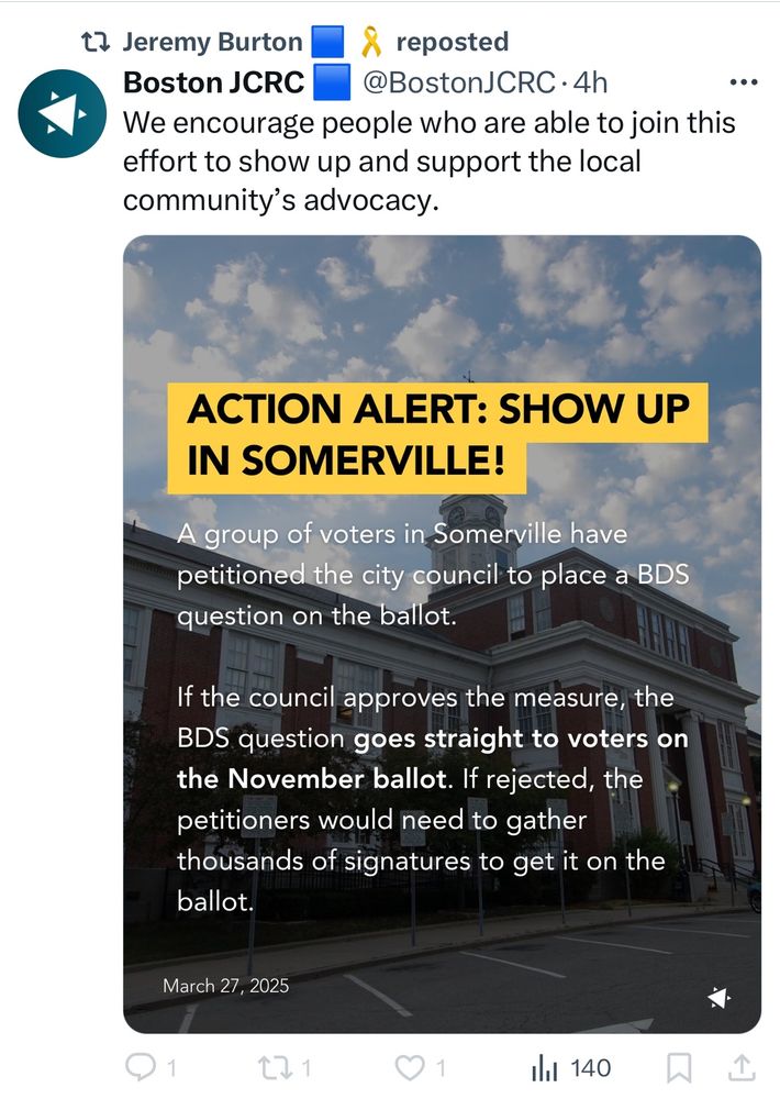 Imagine of a post from Boston JCRC Executive Director Jeremy Burton encouraging followers to phone the Somerville City Council to preclude Somerville voters from the opportunity of exercising their right to vote on whether or not they support adopting a measure that would prevent taxes they pay to the City of Somerville being spent on Israeli goods while Israel is accused by International Court of Justice of committing genocide against Palestinians in Gaza. Boston JCRC has vigorously advocated for conflating criticism of Israel with antisemitism for 18 months. These efforts have manufactured consent for the Trump regime’s dismantling of civil rights and due process of law—most recently, the masked kidnapping a student from a street in Somerville whose only “crime” was expressing support for another democratic measure where members of a community had the opportunity to vote to support or oppose BDS measures protesting Israeli genocide. 