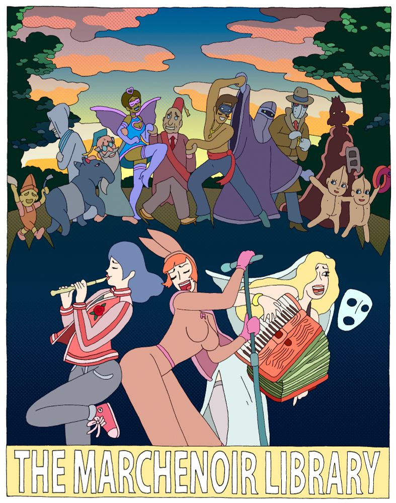 In the front, left to right: Marchenoir's little sister Hellebore, Marchenoir's big sister Peony

In the back left to right: Kid Misery holding the tail of the Traumesser, behind them the demon Faussedent, Professor Q, Columbina, Doctor Ximple, Parveen Velvet, The Rubber Shroud, Izquiz, The Lady of Ruins, and Wonderful Boy