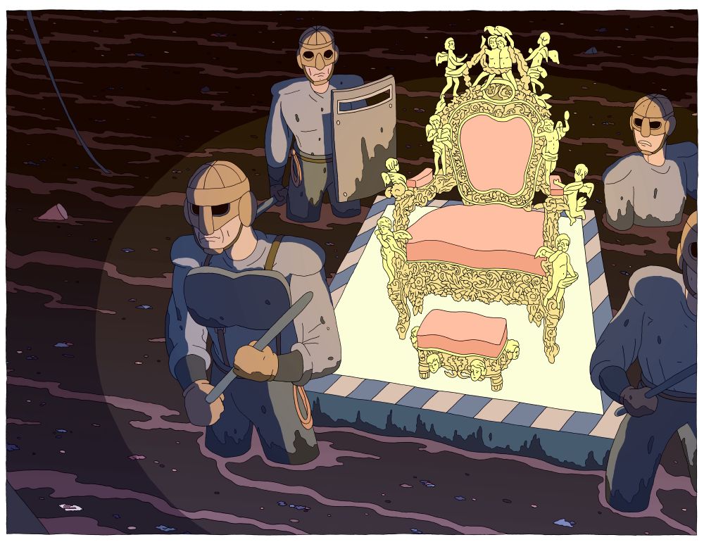Cops in a flooded and probably poisoned room protect an ornate golden chair