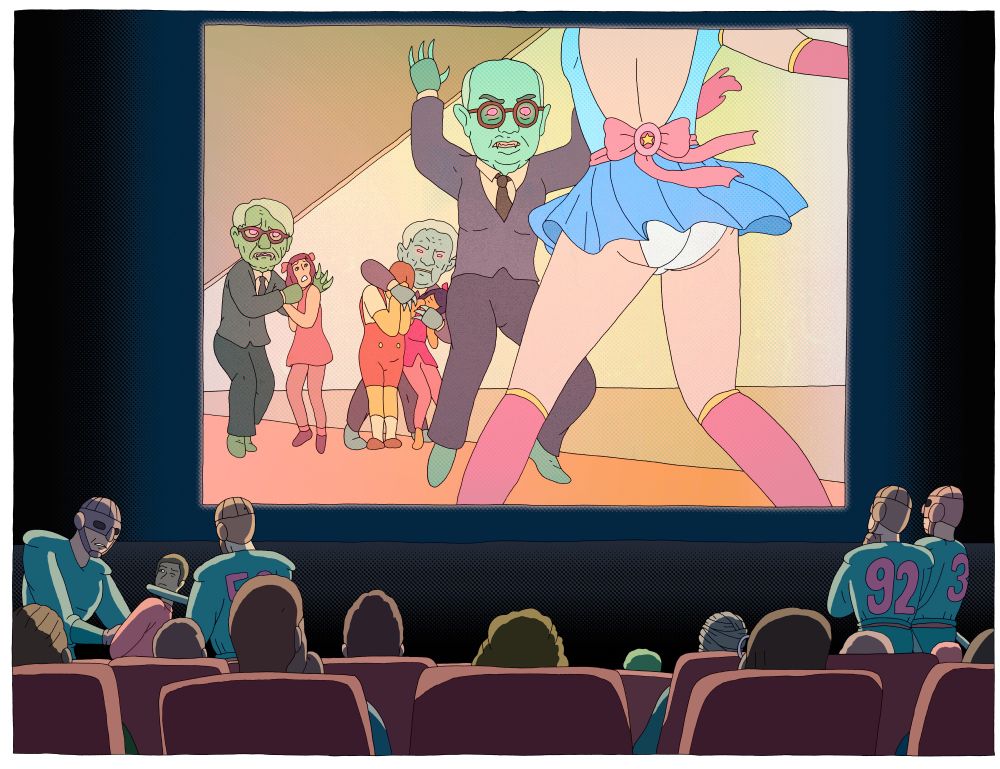 Superhero movie on screen while cops round up people in the audience
  The superhero movie is supposed to look like 70s sentai, a sailor moon type character versus inhuman villains based on Adorno, Marcuse and Horkheimer of the Frankfurt school, boogeymen of the fascist conspiracy theory of "cultural marxism" taking over academia and culture