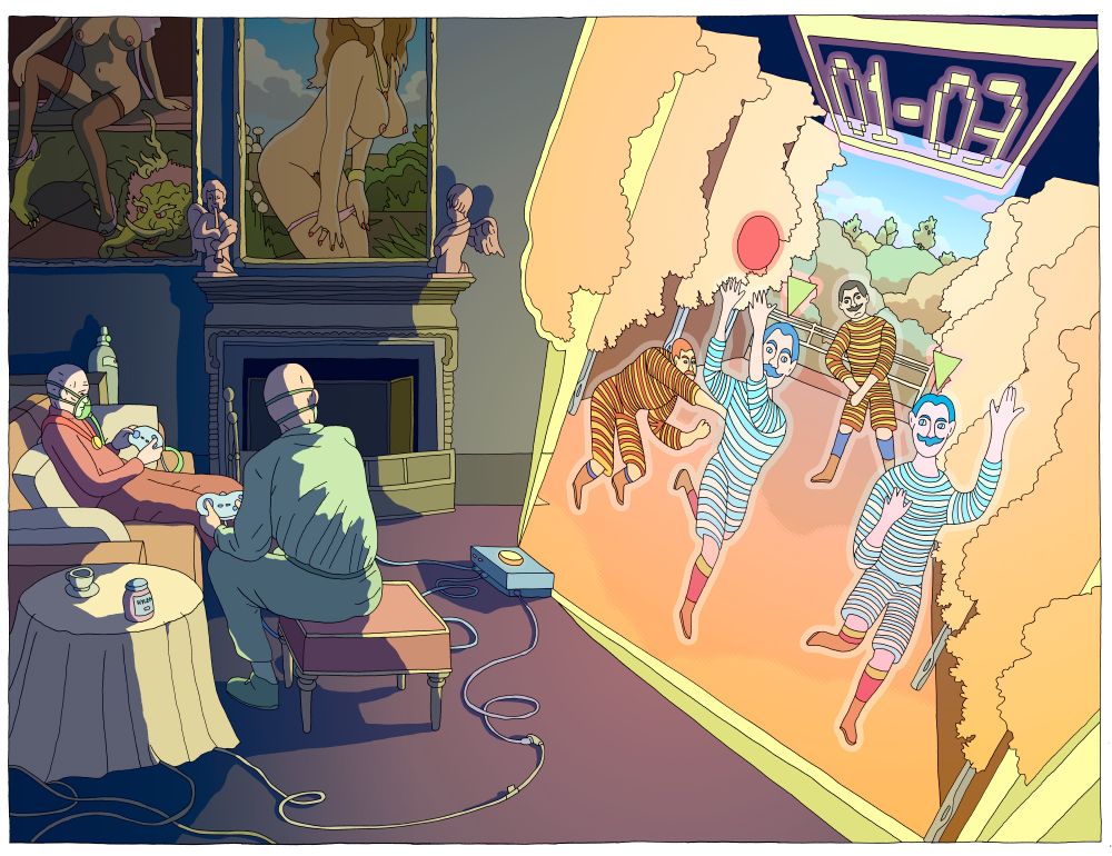 An old man with a respirator and his orderly play a 3D holographic ball game.  The game is based on Henri Rousseau's "The Football Players" (1908)
In the upper left cheesecake picture (painting?) is a drawing of a Baku (貘) the supernatural eater of dreams from Japanese mythology