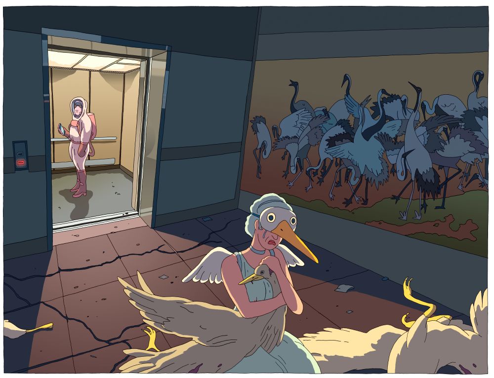 Sad image, I'm both the figures in it, reading everyday about how man made ecological destruction will kill all birds and then us, on the wall is the 18th century print "Flock of Cranes" by Ishida Yutei 