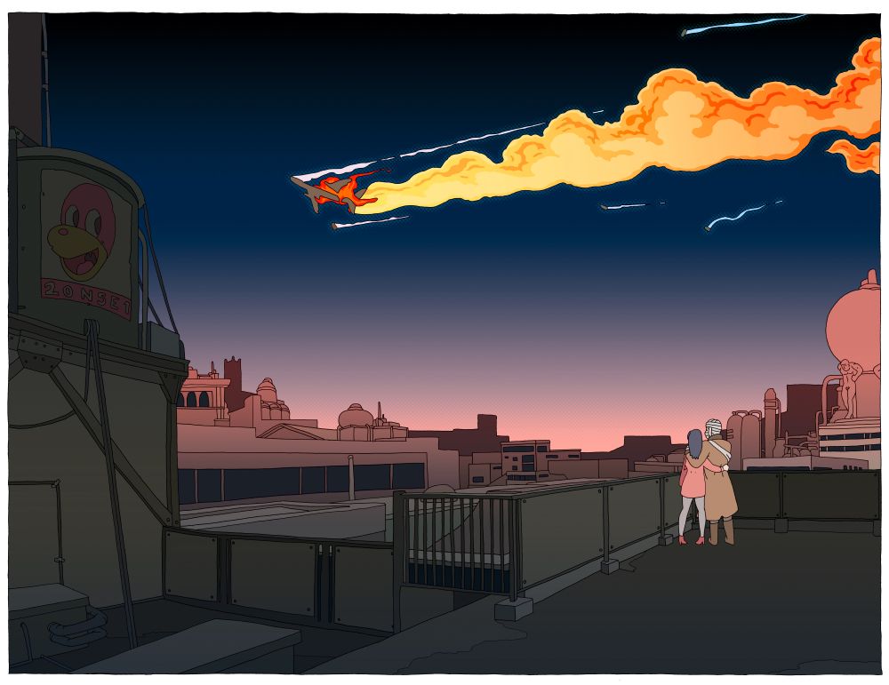 Two people in love watch an airplane breaking up and exploding and falling out of the sky, at either dusk or dawn.
Wanted to capture the feeling of hope and hopelessness of the moment.