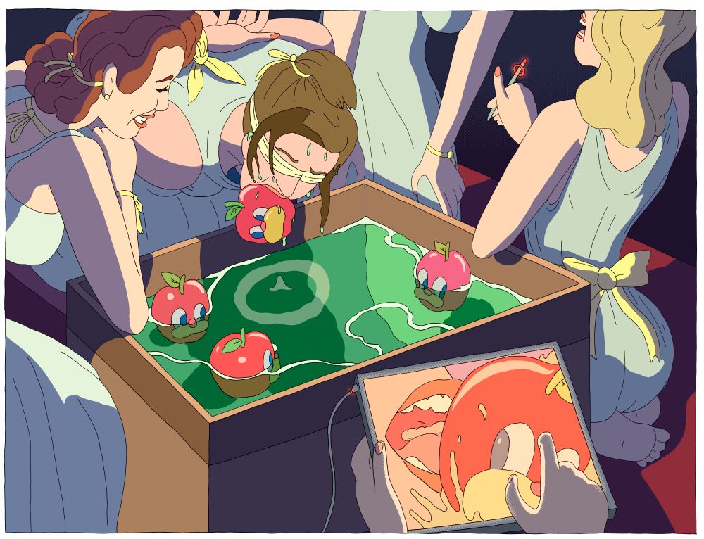 Women bobbing for apples, looks like a posed photo shoot with the now school fake formal/informal staging and a porny end product