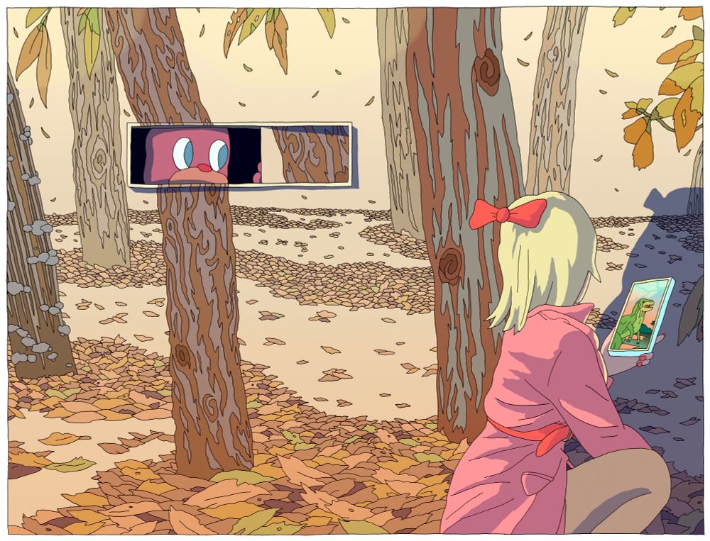 A woman in a room with an autumn scene wallpaper
Someone is watching her through a sliding window in the wall
She's looking at pics of dinosaurs on her phone (video?)