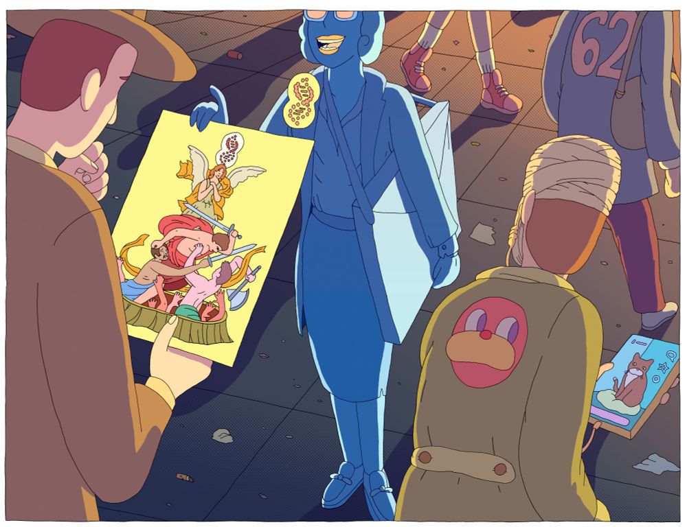 A friendly stranger hands out fascist pamphlets.  On the fascist pamphlet is an angel with a DNA sequence halo overseeing a brutal war of all against each inside a crater.  I made the stranger a strange computer blue to make her otherworldly but mostly thinking about how in the last 9 plus years all of the nakedly fascist information I am subjected to comes from phones and computer screens