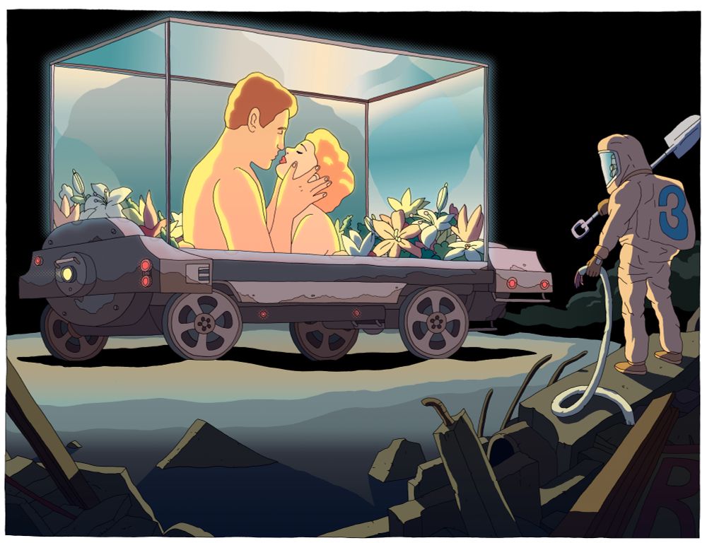 This ended up being the most popular image in the group.  Initially I was going to try to make this seem more like it was happening in space or underwater, but idk.  Roving romance billboard among ruins