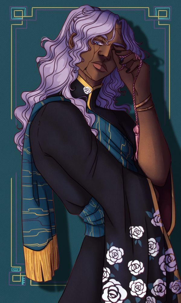 An illustration of my OC Amare, he’s wearing a black robe with white roses on it and a wrap sash that’s green with gold and red swirling lines and gold tassel ends. His skin is dark tan, his eyes are blue and his hair is pale purple and very wavy/curly 