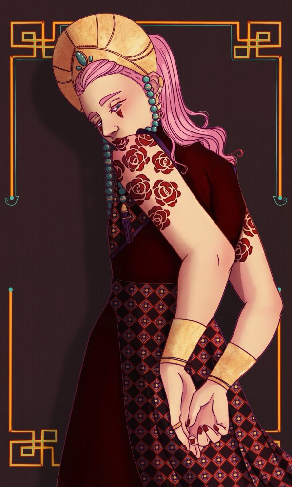 A drawing of one of my OCs, yet to be named with her back facing the camera, looking over her shoulder with her hands behind her back. She has pink hair with an undercut and ponytail, green eyes, and she’s wearing red, black and purple. She has a gold crown on that has green beads and purple tassels hanging from it