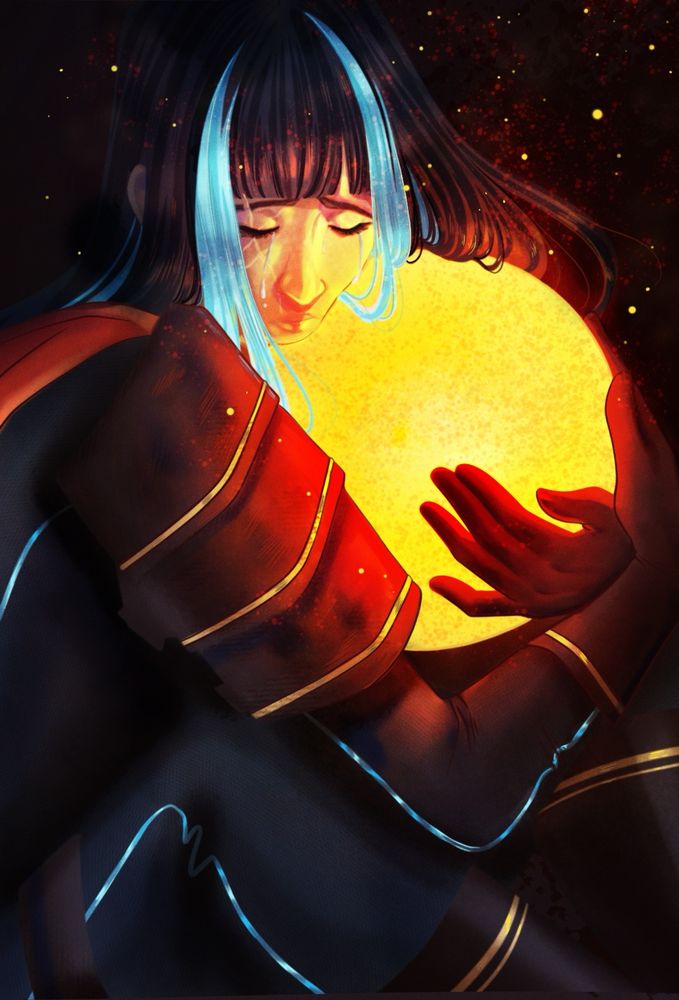 An illustration of Jane holding Zephrinus stripped down to being only a star, weeping against his molten surface 