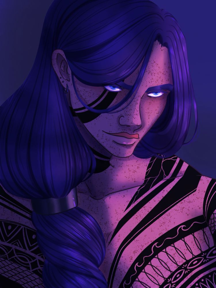 An illustration of Scythaline staring maliciously off camera with a smirk, he’s shirtless, his long hair is twisted over his shoulder and hanging down his chest and he’s looking absolutely devious in bisexual lighting 