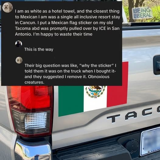 The back end of a Tacoma truck with a large Mexican flag on the tailgate, superimposed with a post: 

I am as white as a hotel towel, and the closest thing to Mexican I am was a single all inclusive resort stay in Cancun. I put a Mexican flag sticker on my old Tacoma and was promptly pulled over by ICE in San Antonio. I'm happy to waste their time.

A reply: This is the way

OP says: Their big question was like "why the sticker?" I told them it was on the truck when I bought it and they suggested I remove it. Obnoxious creatures.
