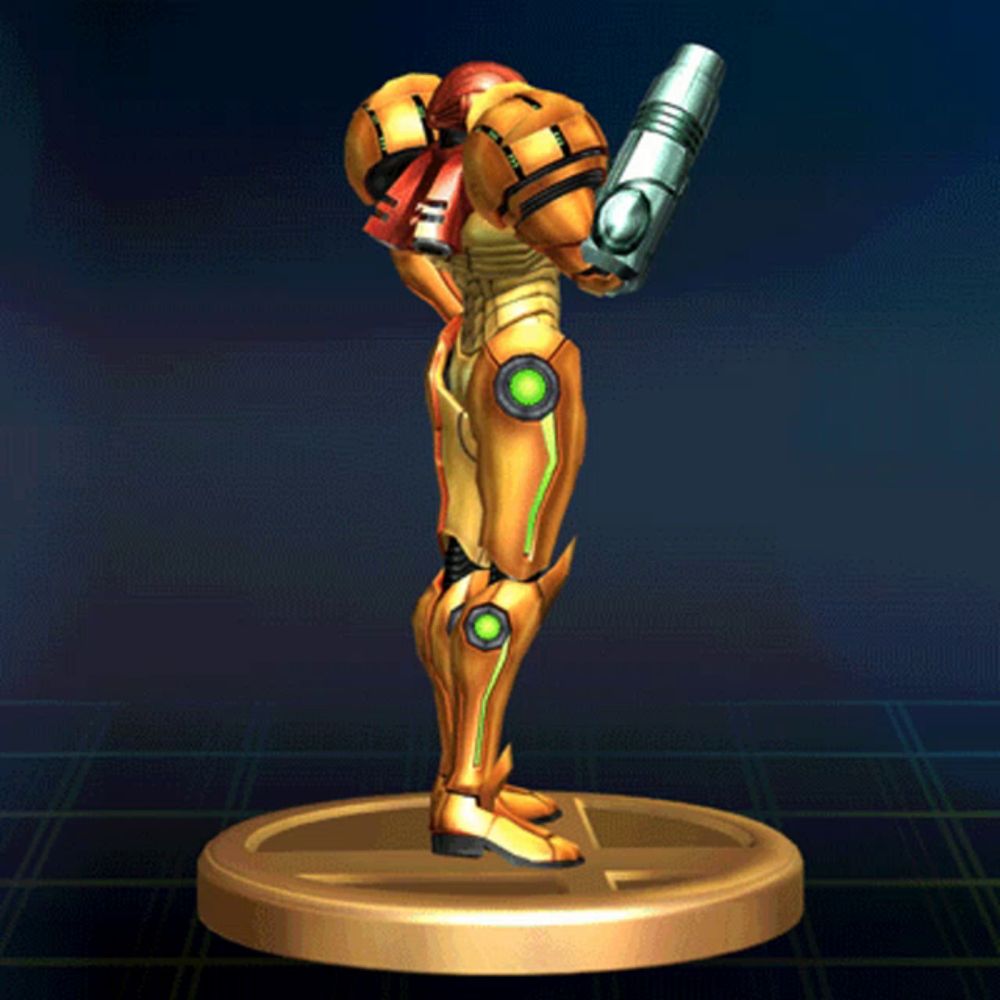 a statue of samus from a video game stands on a pedestal