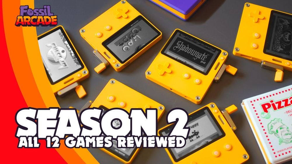 Thumbnail image for a video review of Playdate Season 2. Eight playdate consoles are scattered on a tabletop in a messy fashion. Six systems display a separate title while two are inside protective cases.