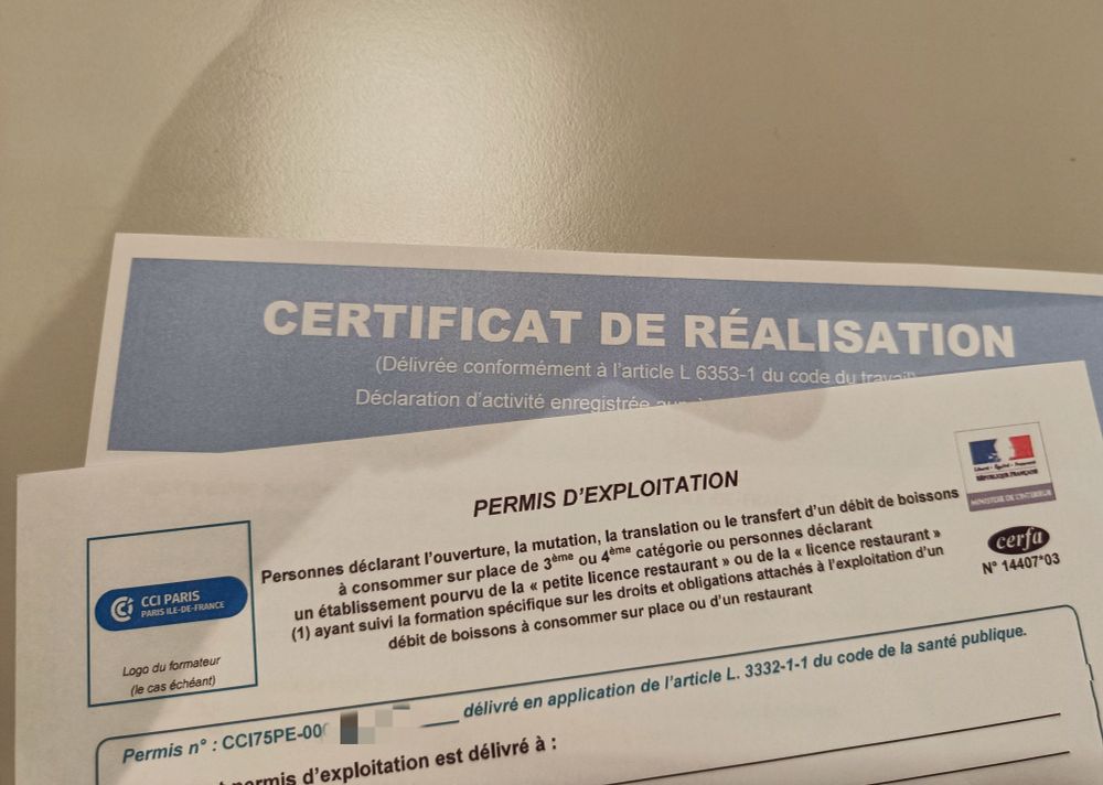 Certificat et document de permis d'exploitation de licence 3 et 4 ( permettant la vente d'alcool)