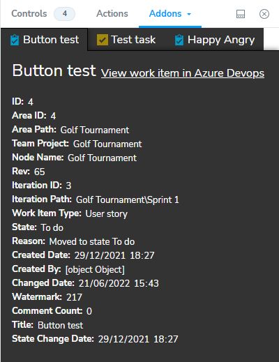 Storybook add on for viewing Azure Devops work items in vertical addons pane in dark mode