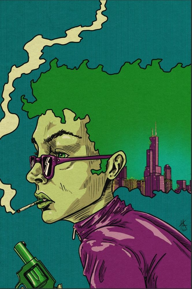 Woman with Chicago skyline in her hair holding a revolver and smoking a cigarette I didn't say it made sense I said it was awesome