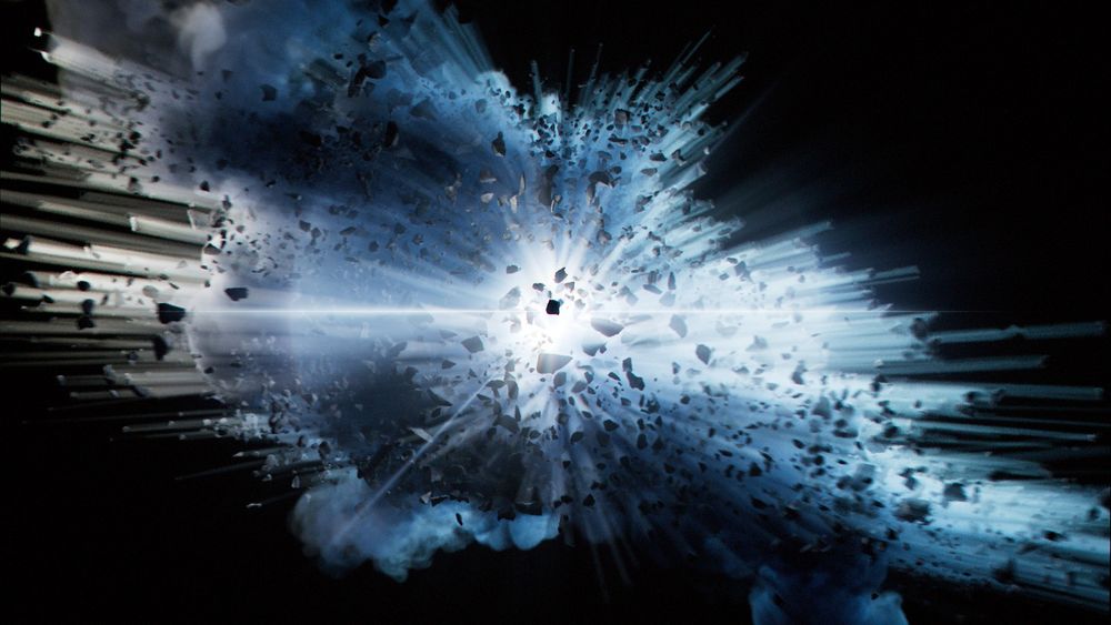 Image of a 3D rendered image, showing an explosion followed by a smoke simulation.