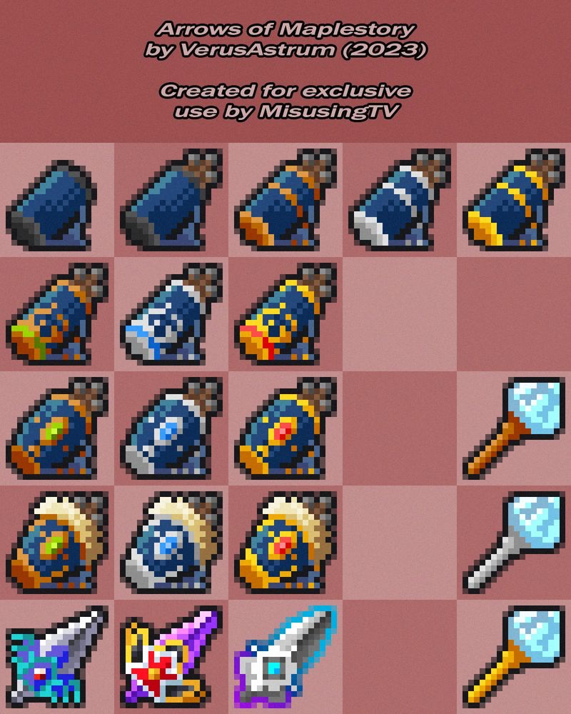 Pixel art titled "Arrows of Maplestory" done by VerusAstrum in 2023.

14 sets of blue quivers are featured, growing in ornateness and alternating between bronze, silver, and gold embellishments. Also featured are three ornate arrowtips, and a set of three singular arrows with large diamonds for tips.