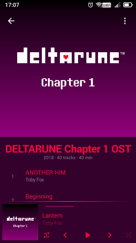 Screenshot of the alternate Deltarune Chapter 1 album art in Blackplayer, an android mp3 playing app