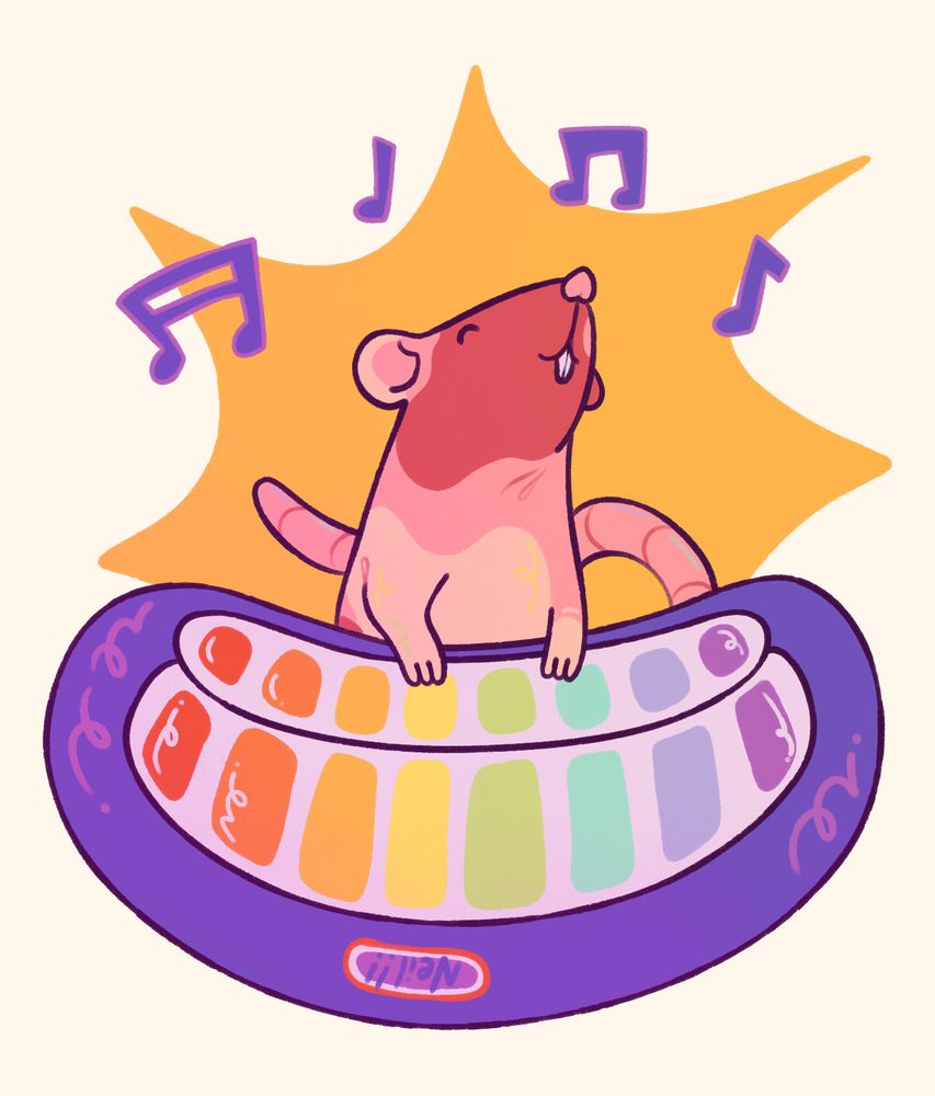 fan art of neil, a hairless rat with pink and brown patchy skin, playing a purple toy piano with rainbow keys