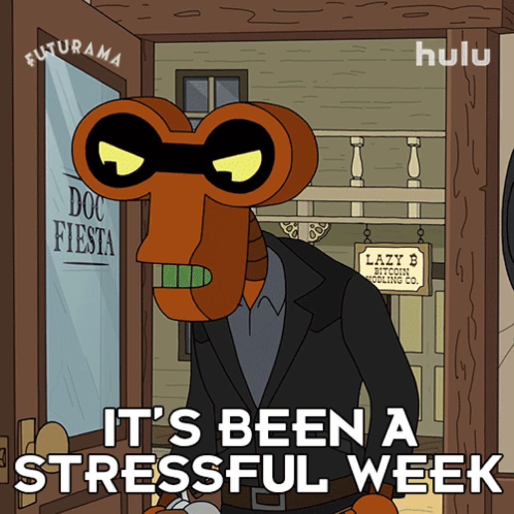 a cartoon character says it 's been a stressful week in front of a building