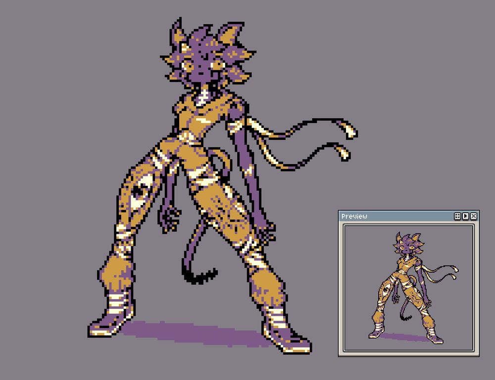 A pixelart of a purple anthropomorphic cat. The piece uses 4 colours only, white, orange, purple and black.

The character wears some kind of orange jumpsuit, has a visible horn on the left side of their forehead,  and bandages on the upper part of their thighs, underneath their knees and around their left arm. 

They also have three visible scars : one on each forearm after their elbows and one running down their neck.

Their pants also display giant eyes on each side of the thighs and visible veins around the eyes.

The end of their tail is a bit raggedy