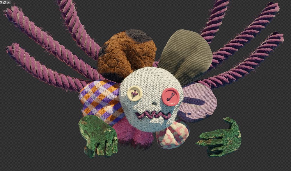 a 3D model of Flowey made with different fabrics-like materials. His hand look like moss-covered wood and his eyes are buttons. his face is somewhat skull-shaped and a strand of wool completes his mouth