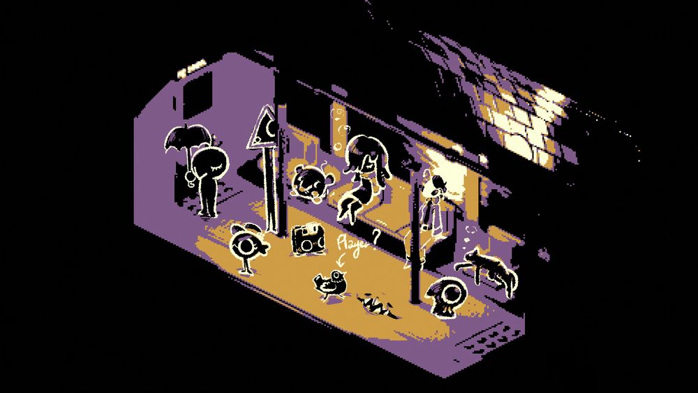 an 4-colour, isometric pixelated 3D render of a metro. characters are drawn on top : a rotund rat, a fish with a hat and two legs, some kind of crow with an umbrella, a floppy disk with eyes, a triangular sign, a hooded creature with a big eye, a sleeping cat, a humanoid with jellyfish-like hair, an anthropomorphic bug wearing a beret a mouth with eyes on the floor and a pigeon with "player?" written above it.