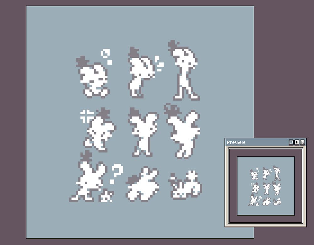 9 drawings of a white rabbit with a tiny hat on the left ear.
The frist one is sleeping, the next one is looking down surprised, the third one is facing the screen and elongated, the fourth one is angry and flipping their middle finger, the fifth one is facing the screen and a bit off looking, the sixth one has an inflated head and big eyes, the seventh one is looking down at a smaller rabbit with a question mark above their head, the eighth one is faceplanting and the ninth and final one is a more realistic rabbit with a tiny tophat